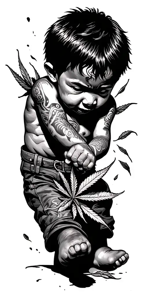 Chicano Style Illustration Of A Weak Child Fighting Off Evil Finding Weed Breaking Free
