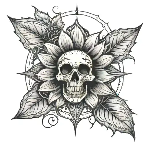 Sunflower And Pot Leaf With Skull Center And Compass