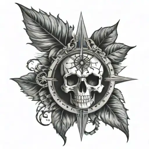 Compass With Sunflower And Pot Leaf Skull Center Symbolizing All Those Who Wonder Are Not Lost