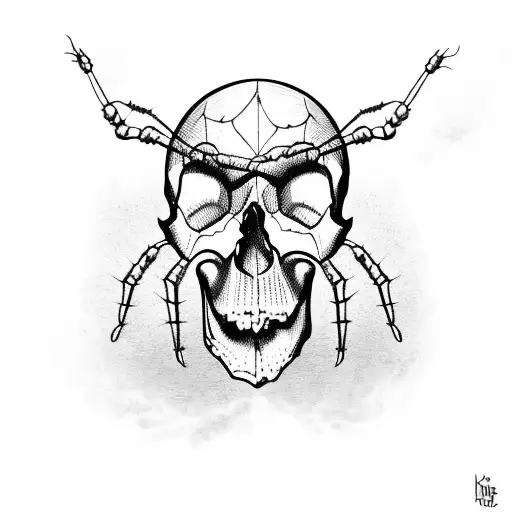 Skull With Spider Legs In A Bloody Cobweb With A Heart Caught Inside Of It
