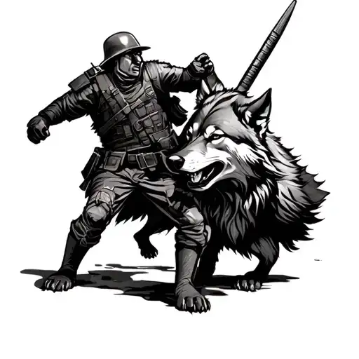 Anamorphic Wolf And Soldier In A Fighting Stance