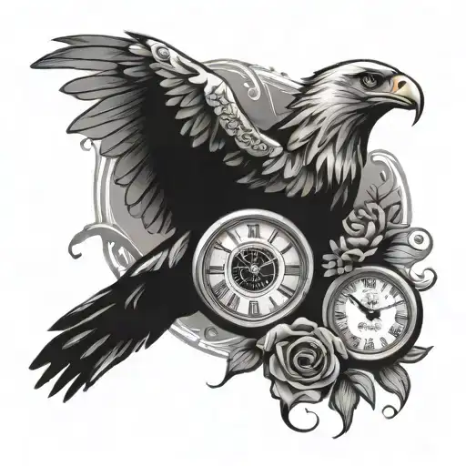 Full Sleeve Tattoo With Eagle A Clock And A Rose