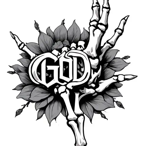 Skeleton Hand Tatto With The Word God On A Realistic Hand