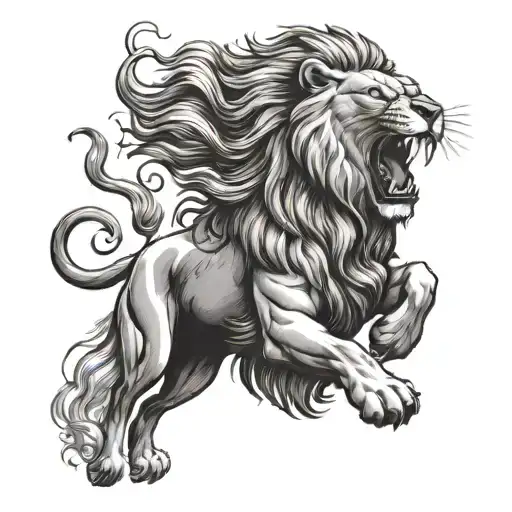 Lion With Mouth Open And Unicorn Running