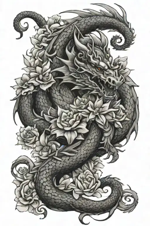 Medieval Dragon With Flowers Intertwined