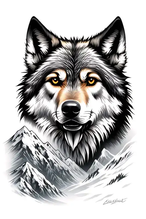 Sleeve Tattoo With A Wolf In The Mountains