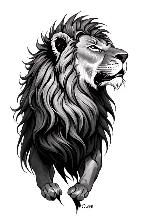 Lion Tattoo With The Name Owen In The Mane Being The Hairs