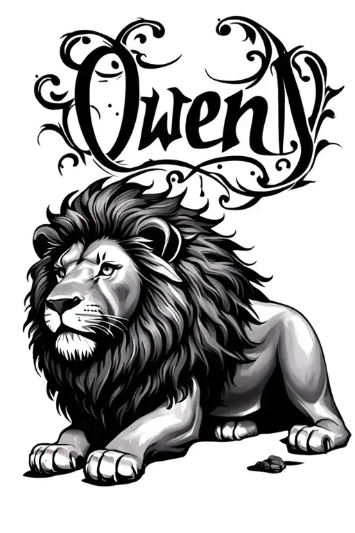 Lion Tattoo With The Word Owen Written In The Hairs Of The Lions Mane