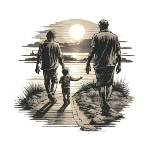Dad And Son Walking Towards Sun Setting