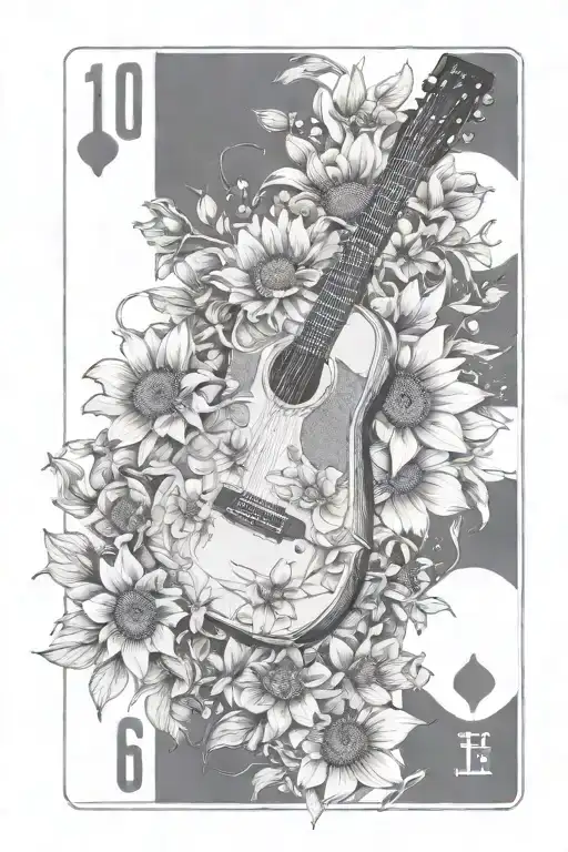 Guitar Intertwined With Sunflowers Lilies Dogwood Flowers And Forget Me Nots