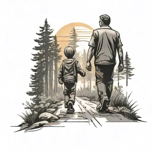 Dad And Son Walking Towards Sun Setting In The Woods