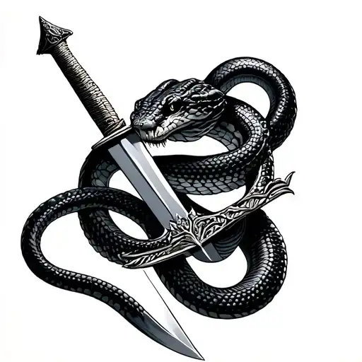 A King Cobra Coiled Around A Sword