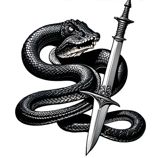 A King Cobra Coiled Around A Sword