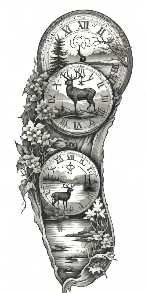 Roman Numerals Representing Important Dates Clock Face Nature Scenery With Deer And Lake