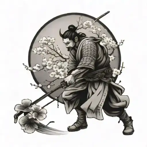 Samurai With Cherry Blossoms Falling