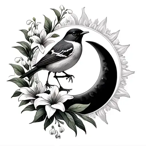 The Sun And Moon With Lilly Of The Valley Flowers With A Robin