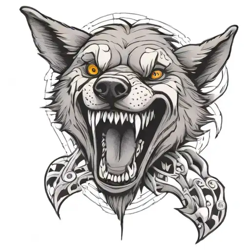 Middle Chest Tattoo Of A Wolf Head With Huge And Comic Angry Smile With Old School Art Style