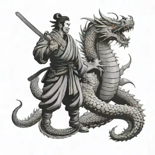 A Samurai Warrior Facing Off Against A Dragon In A Traditional Japanese Temple Garden