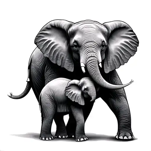 Mom Elephant And Baby Elephant Holding
