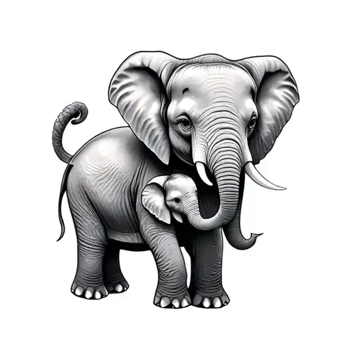 Mom Elephant And Baby Elephant Holding Tail Wrapped