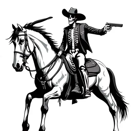 Skeleton Cowboy Riding Real Horse With Pistol In One Hand
