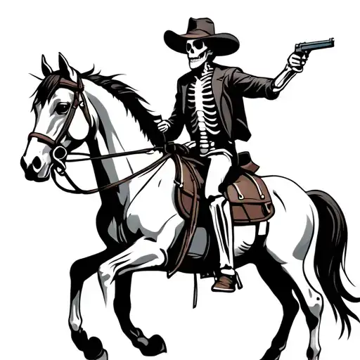 Skeleton Cowboy Riding Real Horse With Pistol In One Hand