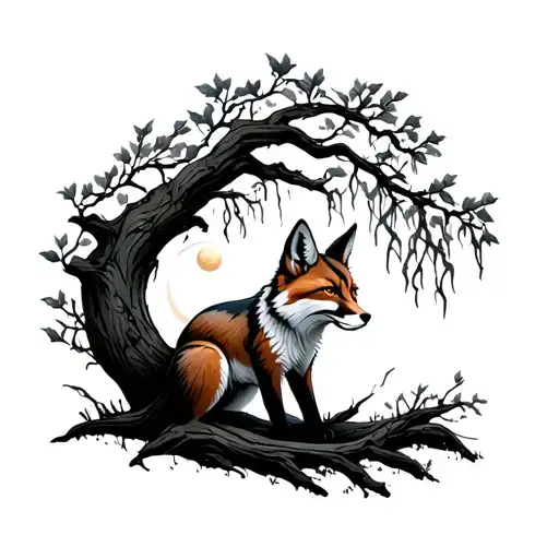 Fox Under A Weeping Willow With The Moon Oht