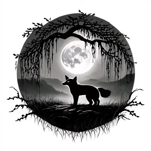 Fox Under A Weeping Willow Tree With The Moon Out