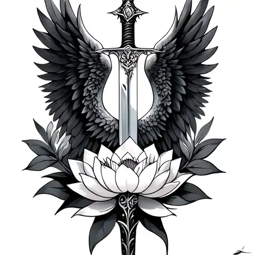 Valkyrie Wings And Sword With Lotus Flower