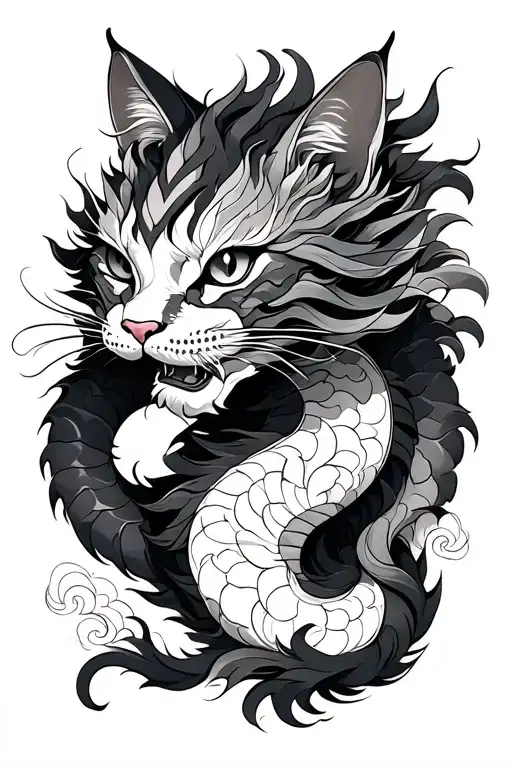Japanese Traditional Dragon And Cat Curled