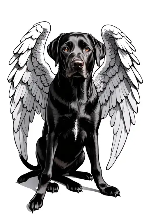 Black Lab Sitting With Angel Wing