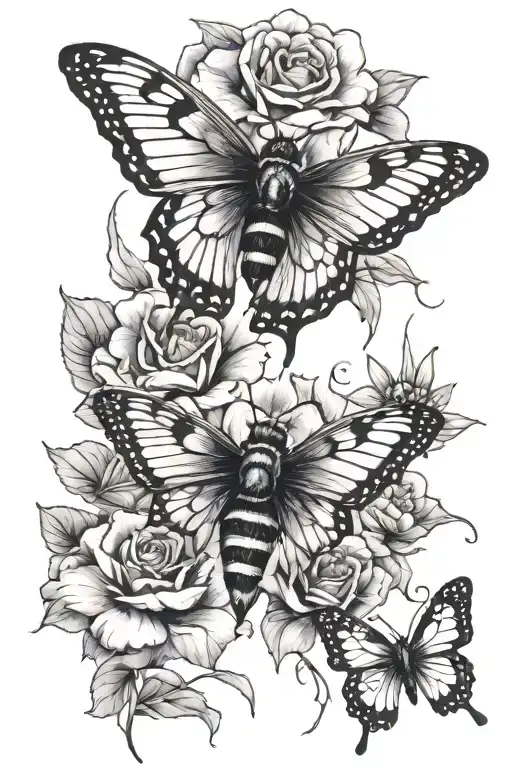 Flowers With A Butterfly And A Bee Flying