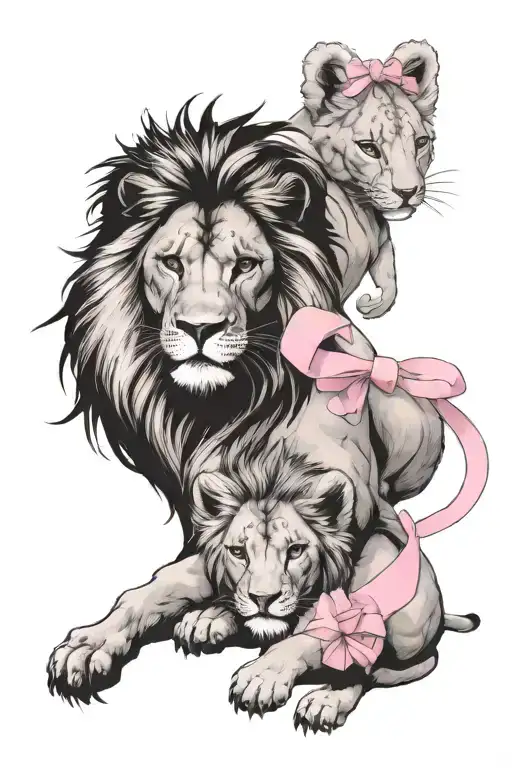 Lion Protecting A Boy And Girl Cub Girl Cub Has A Pink Bow And Boy Cub Has A Mohawk