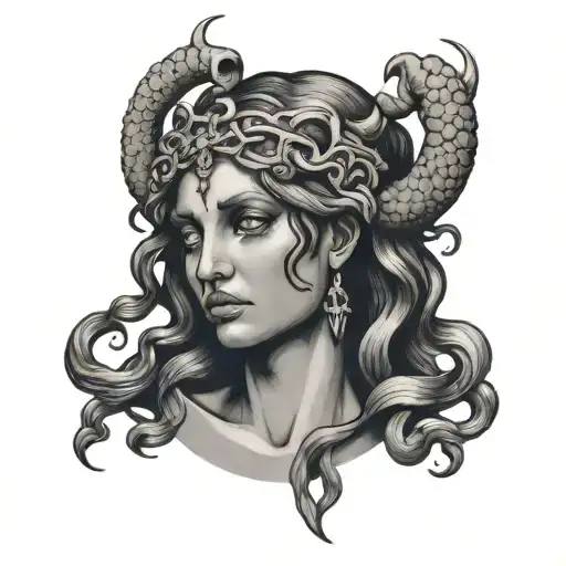 Gargona Medusa With A Cross On Her Forehead And A Tear Running Down Her Cheek