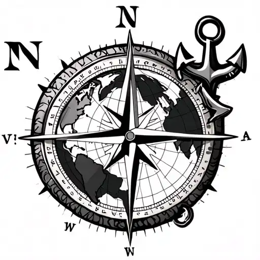 Travel Tatoo With Compass Anchor And Continents