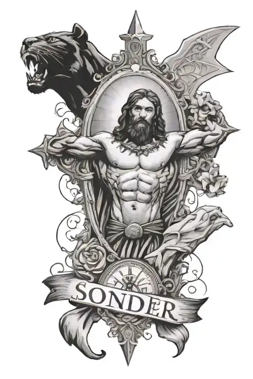 Jesus Or A Cross With A Black Panther And Hour Glass And The Word Sonder Fo A Forearm