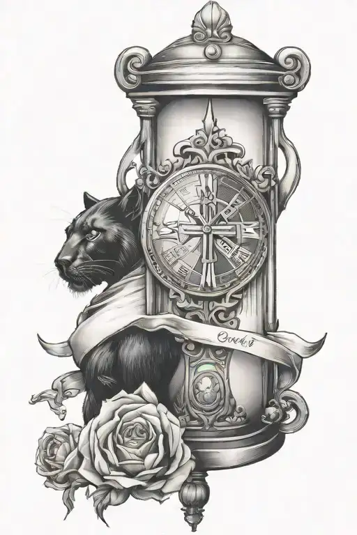 Forearm Tattoo With Jesus Or A Cross And A Black Panther And Hourglass And The Word Sonder
