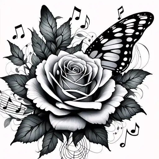 Rose Butterfly And Music Notes Intertwined