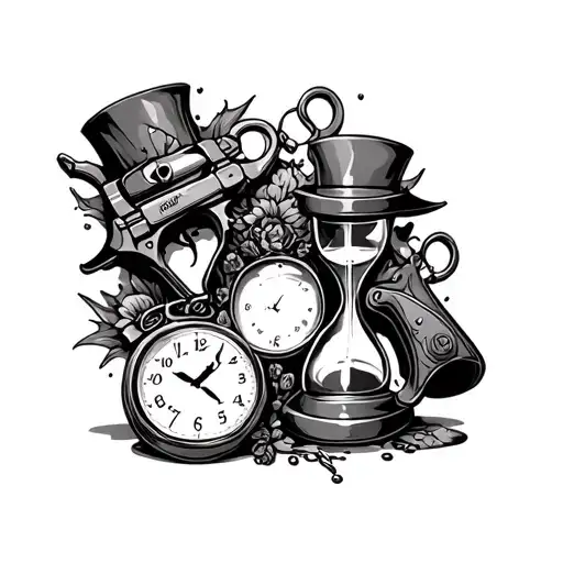 Bonnie And Clyde Guns And Handcuffs And An Hour Glass Or Melted Clock