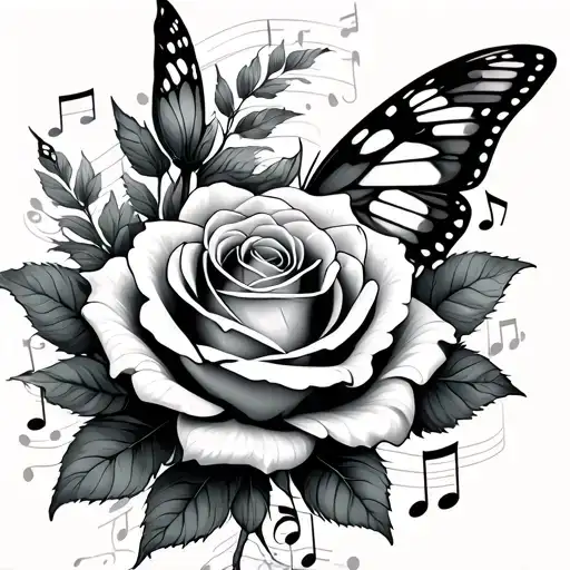 Rose And Butterfly And Music Notes Intertwined
