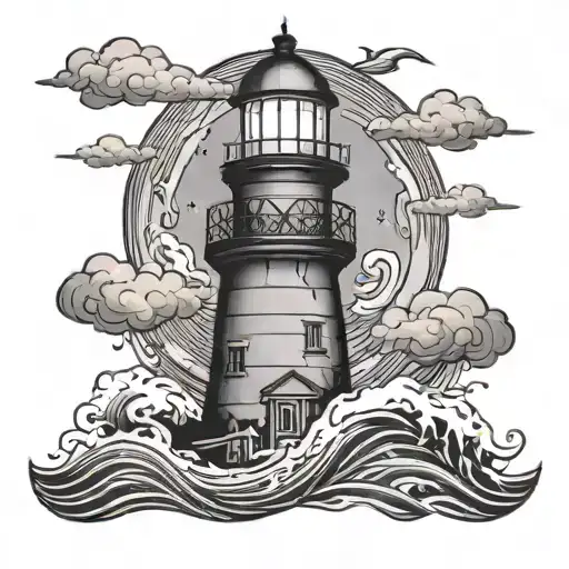 Lighthouse With Waves And A Cross In The Sky Filled With Stars