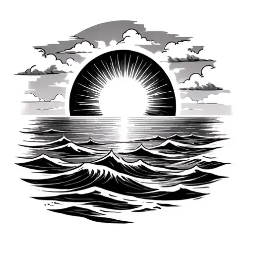 The Sun Over The Ocean With Calm Waves And Slight Clouds Realistic