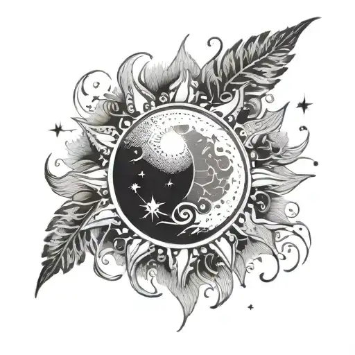 An Bohemian Black-grey Tattoo Of The Sun Merging With The Moon