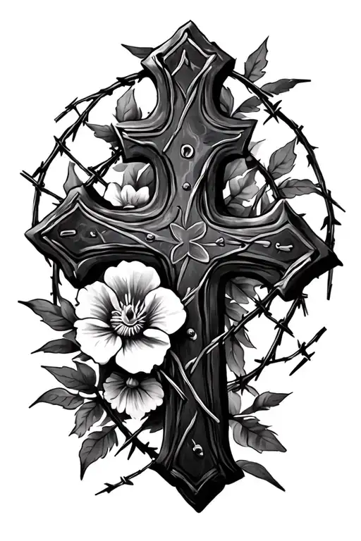 Western Cross With Flowers And Barbed Wire