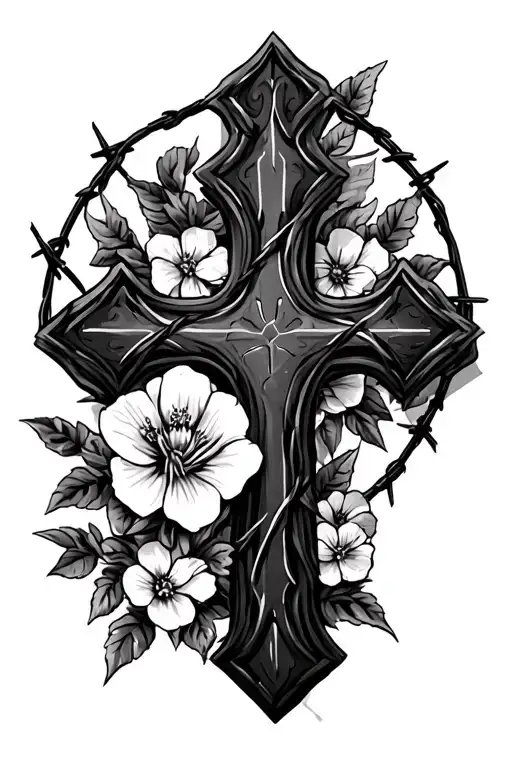Western Cross With Flowers And Barbed Wire