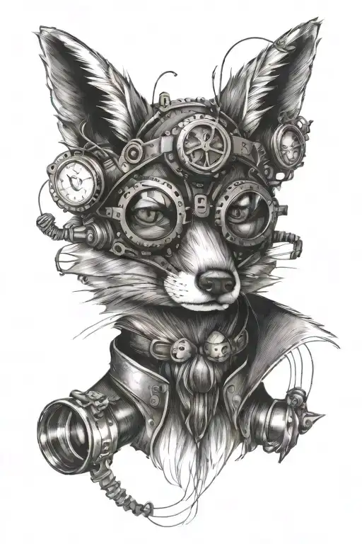 Steampunk Fox With Goggles Tattoo Black Work Line Work Simple Lines With Small Amount Of Shading