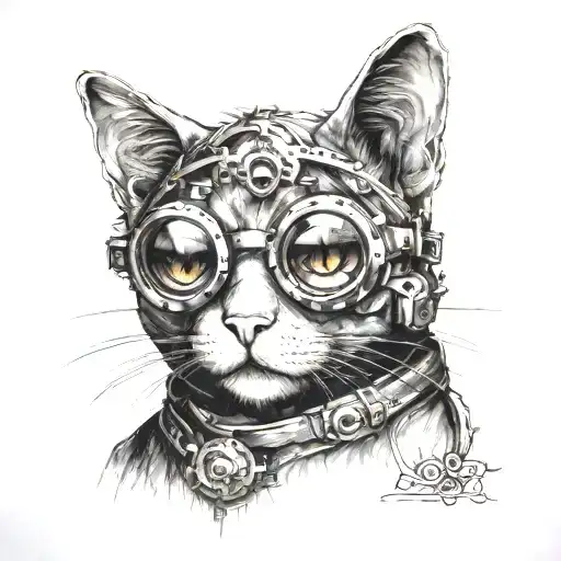 Steampunk Cat With Goggles Tattoo Black Work Line Work Simple Lines With Small Amount Of Shading