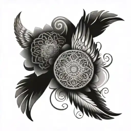 Angel Wings With Mandala And Blossom Tree