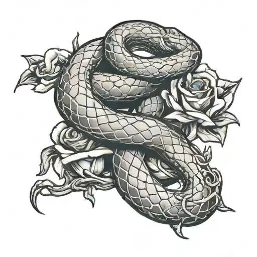 Red Snake Intertwined With Roses