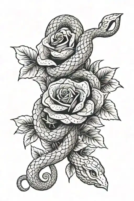 Red Snake Intertwined With Roses